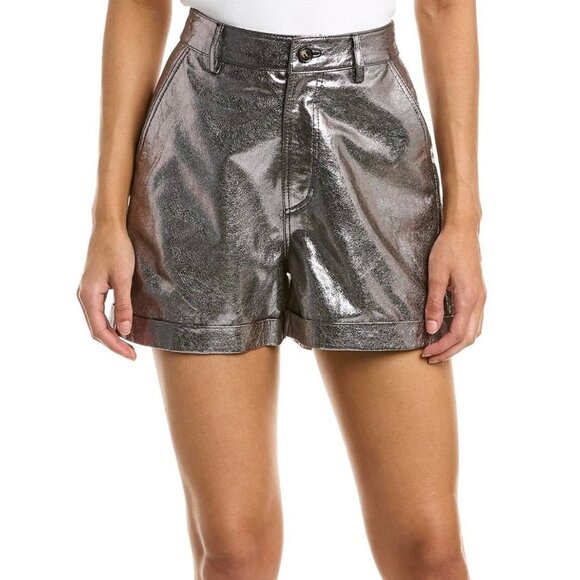 Ba & Sh Metallic Silver Size Small Shorts Lamb Leather Front & Back Pockets